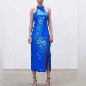 Zara Blue Halter High Neck Sequin Slit Midi Dress